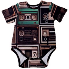 Retro Electronics Old Antiques Texture Wallpaper Vintage Cassette Tapes Retrospective Baby Short Sleeve Bodysuit by Grandong