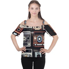 Retro Cameras Old Vintage Antique Technology Wallpaper Retrospective Cutout Shoulder T-Shirt