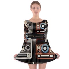 Retro Cameras Old Vintage Antique Technology Wallpaper Retrospective Long Sleeve Skater Dress