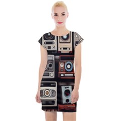 Retro Cameras Old Vintage Antique Technology Wallpaper Retrospective Cap Sleeve Bodycon Dress