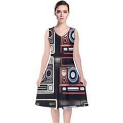 Retro Cameras Old Vintage Antique Technology Wallpaper Retrospective V-Neck Midi Sleeveless Dress 