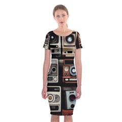 Retro Cameras Old Vintage Antique Technology Wallpaper Retrospective Classic Short Sleeve Midi Dress