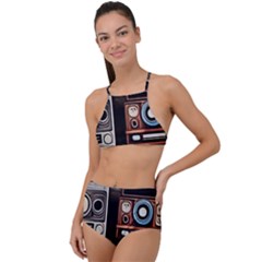 Retro Cameras Old Vintage Antique Technology Wallpaper Retrospective Halter Tankini Set