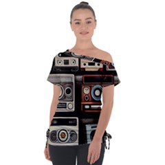 Retro Cameras Old Vintage Antique Technology Wallpaper Retrospective Off Shoulder Tie-Up T-Shirt
