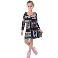 Retro Cameras Old Vintage Antique Technology Wallpaper Retrospective Kids  Long Sleeve Velvet Dress