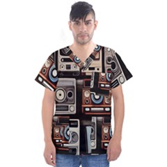 Retro Cameras Old Vintage Antique Technology Wallpaper Retrospective Men s V-Neck Scrub Top