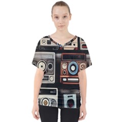 Retro Cameras Old Vintage Antique Technology Wallpaper Retrospective V-Neck Dolman Drape Top