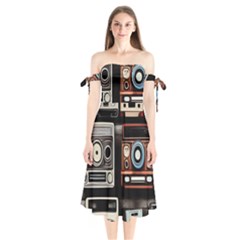 Retro Cameras Old Vintage Antique Technology Wallpaper Retrospective Shoulder Tie Bardot Midi Dress