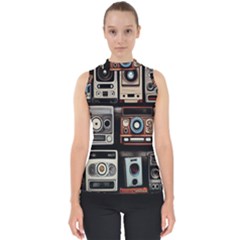 Retro Cameras Old Vintage Antique Technology Wallpaper Retrospective Mock Neck Shell Top