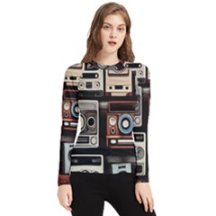 Retro Cameras Old Vintage Antique Technology Wallpaper Retrospective Women s Long Sleeve Rash Guard