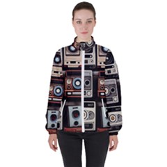 Retro Cameras Old Vintage Antique Technology Wallpaper Retrospective Women s High Neck Windbreaker