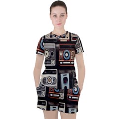 Retro Cameras Old Vintage Antique Technology Wallpaper Retrospective Women s T-Shirt and Shorts Set