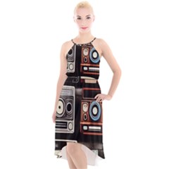 Retro Cameras Old Vintage Antique Technology Wallpaper Retrospective High-Low Halter Chiffon Dress 