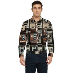 Retro Cameras Old Vintage Antique Technology Wallpaper Retrospective Men s Long Sleeve Pocket Shirt 