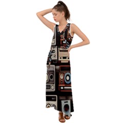 Retro Cameras Old Vintage Antique Technology Wallpaper Retrospective V-Neck Chiffon Maxi Dress