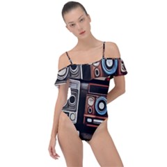 Retro Cameras Old Vintage Antique Technology Wallpaper Retrospective Frill Detail One Piece Swimsuit