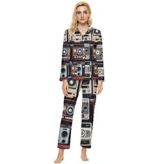 Retro Cameras Old Vintage Antique Technology Wallpaper Retrospective Womens  Long Sleeve Velvet Pocket Pajamas Set