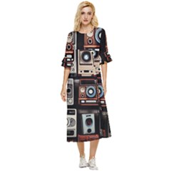 Retro Cameras Old Vintage Antique Technology Wallpaper Retrospective Double Cuff Midi Dress