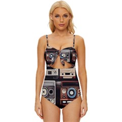 Retro Cameras Old Vintage Antique Technology Wallpaper Retrospective Knot Front One-Piece Swimsuit