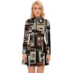 Retro Cameras Old Vintage Antique Technology Wallpaper Retrospective Long Sleeve Velour Longline Dress