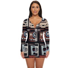 Retro Cameras Old Vintage Antique Technology Wallpaper Retrospective Long Sleeve Boyleg Swimsuit