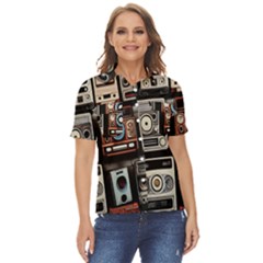 Retro Cameras Old Vintage Antique Technology Wallpaper Retrospective Women s Short Sleeve Double Pocket Shirt