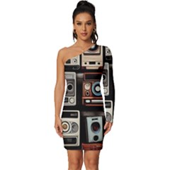 Retro Cameras Old Vintage Antique Technology Wallpaper Retrospective Long Sleeve One Shoulder Mini Dress