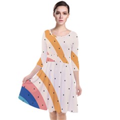 Abstract Geometric Bauhaus Polka Dots Retro Memphis Rainbow Quarter Sleeve Waist Band Dress