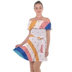Abstract Geometric Bauhaus Polka Dots Retro Memphis Rainbow Off Shoulder Velour Dress by Maspions