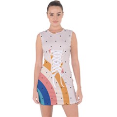 Abstract Geometric Bauhaus Polka Dots Retro Memphis Rainbow Lace Up Front Bodycon Dress