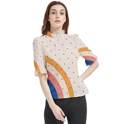 Abstract Geometric Bauhaus Polka Dots Retro Memphis Rainbow Frill Neck Blouse by Maspions