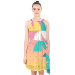 Abstract Geometric Bauhaus Polka Dots Retro Memphis Art Halter Collar Waist Tie Chiffon Dress