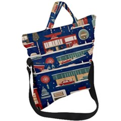 Cars Snow City Landscape Vintage Old Time Retro Pattern Fold Over Handle Tote Bag by Maspions