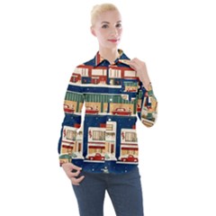 Cars Snow City Landscape Vintage Old Time Retro Pattern Women s Long Sleeve Pocket Shirt