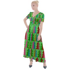 Trees Pattern Retro Pink Red Yellow Holidays Advent Christmas Button Up Short Sleeve Maxi Dress by Maspions