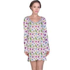 Pattern Flowers Leaves Green Purple Pink Long Sleeve Nightdress