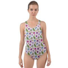 Pattern Flowers Leaves Green Purple Pink Cut-out Back One Piece Swimsuit