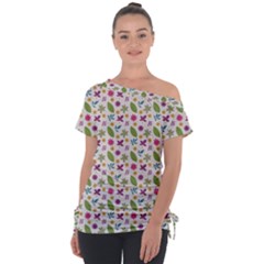 Pattern Flowers Leaves Green Purple Pink Off Shoulder Tie-up T-shirt