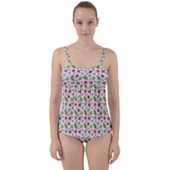 Pattern Flowers Leaves Green Purple Pink Twist Front Tankini Set