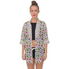 Pattern Flowers Leaves Green Purple Pink Open Front Chiffon Kimono by Maspions