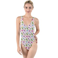 Pattern Flowers Leaves Green Purple Pink High Leg Strappy Swimsuit