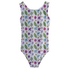 Pattern Flowers Leaves Green Purple Pink Kids  Cut-out Back One Piece Swimsuit