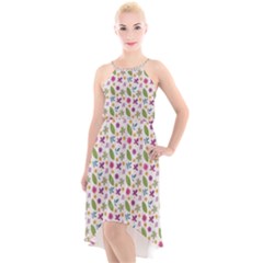 Pattern Flowers Leaves Green Purple Pink High-low Halter Chiffon Dress  by Maspions