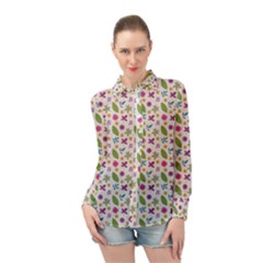 Pattern Flowers Leaves Green Purple Pink Long Sleeve Chiffon Shirt