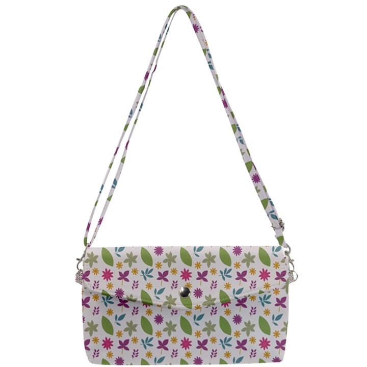 Pattern Flowers Leaves Green Purple Pink Removable Strap Clutch Bag