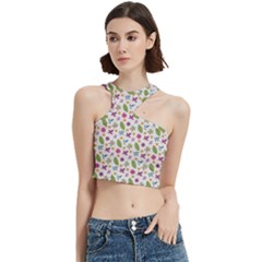 Pattern Flowers Leaves Green Purple Pink Cut Out Top by Maspions