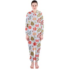 Background Pattern Flowers Design Leaves Autumn Daisy Fall Hooded Jumpsuit (ladies) by Maspions