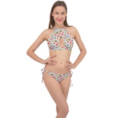 Background Pattern Flowers Design Leaves Autumn Daisy Fall Cross Front Halter Bikini Set