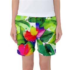 Watercolor Flowers Leaves Foliage Nature Floral Spring Women s Basketball Shorts