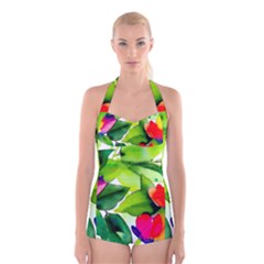 Watercolor Flowers Leaves Foliage Nature Floral Spring Boyleg Halter Swimsuit  by Maspions